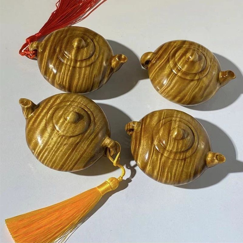 Golden Phoebe Wood Teapot Figurine Handheld Collectible Desk Decor Gift