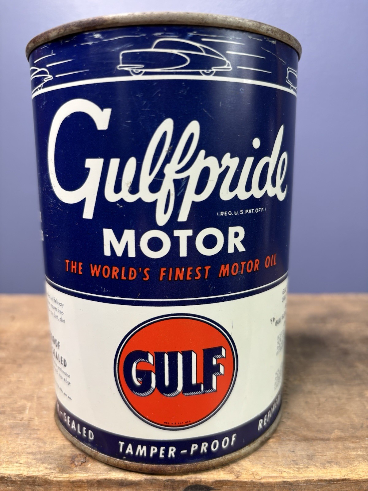 Vintage Gulfpride Gulf Motor Oil Graphic Quart Oil Can Early Auto Truck Service
