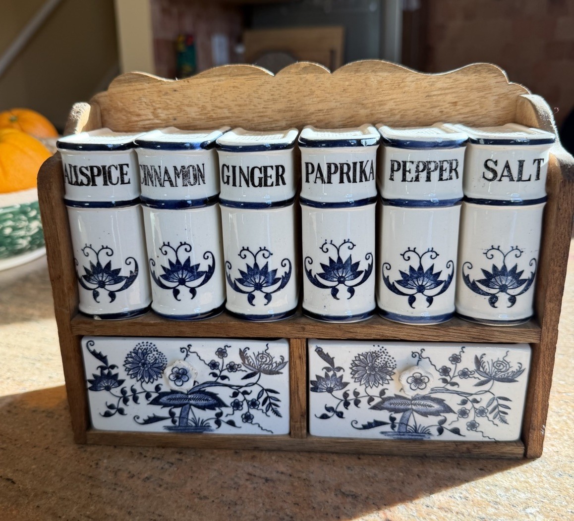Vintage Rare 9-pc Blue Willow Spice Set with Wooden Rack Made In JAPAN