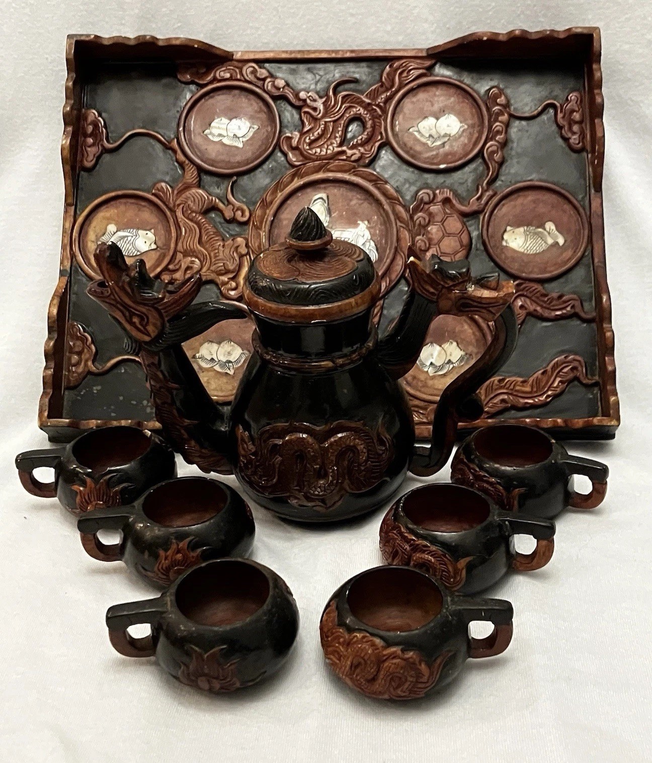 VTG Yixing Chinese Shoushan Stoneware Dragon Tea Set & Tray Mother of Pearl Rare