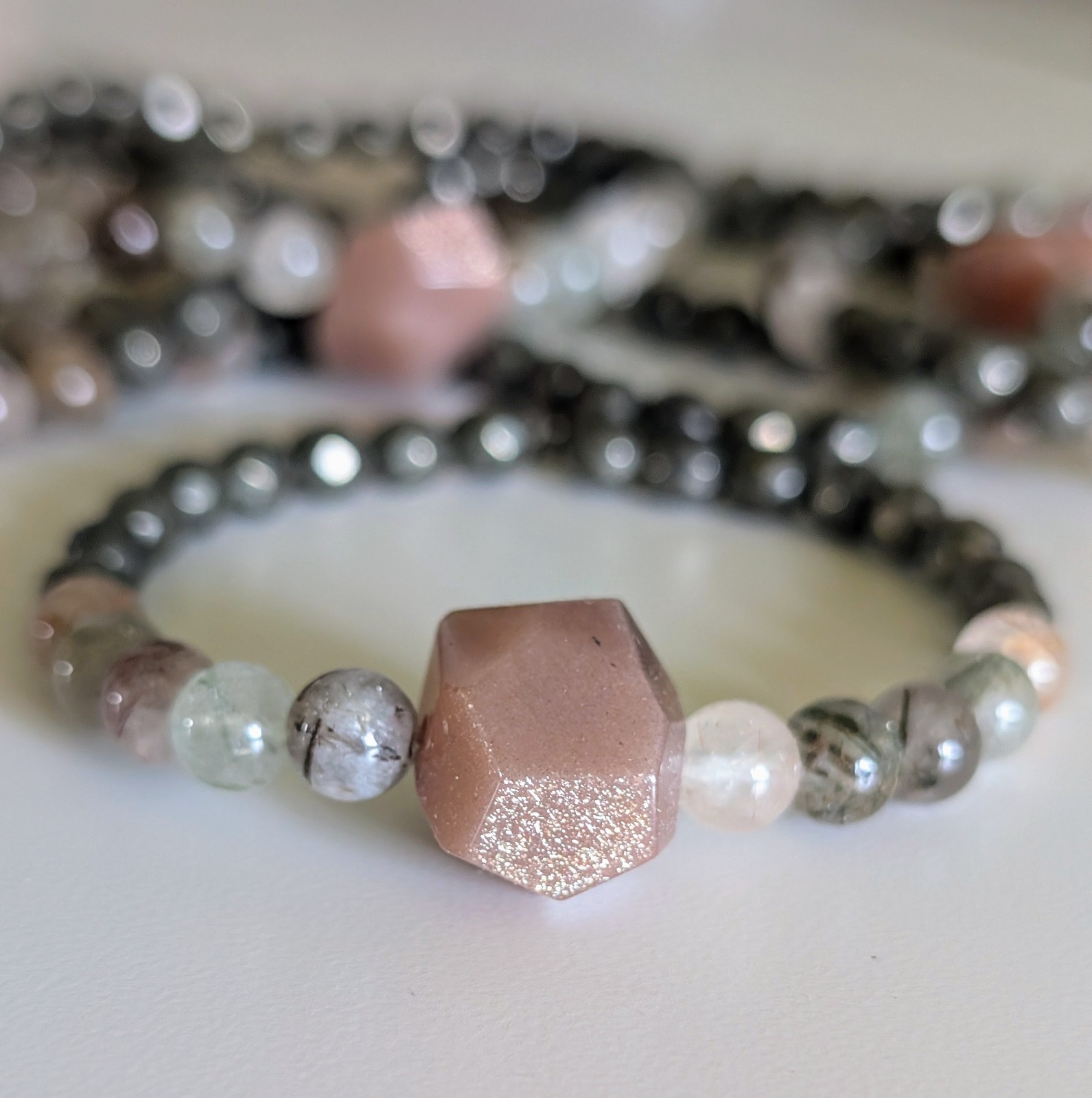 Sunstone Bracelet Size 6.75 Mixed Rutile & Pyrite 6mm Beads Matching Set of 2