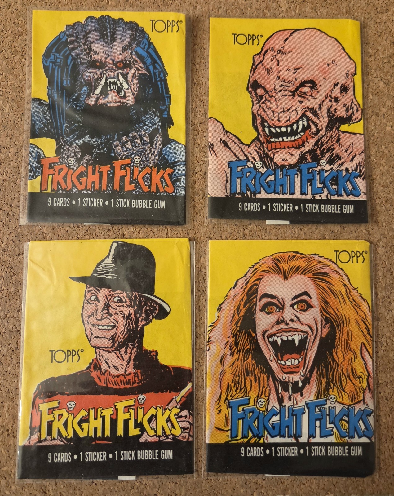 1988 Topps Fright Flicks Complete 4 Wax Wrapper Set Freddy Predator Horror EX