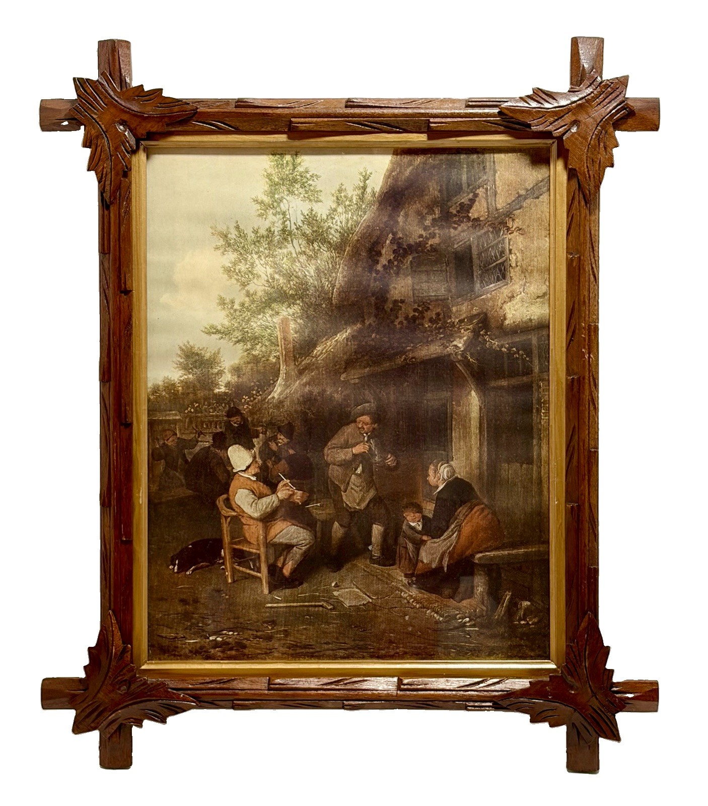 Antique Folk Art Adirondack Wood Carved Picture Frame Leaves Gilt Liner 16x19
