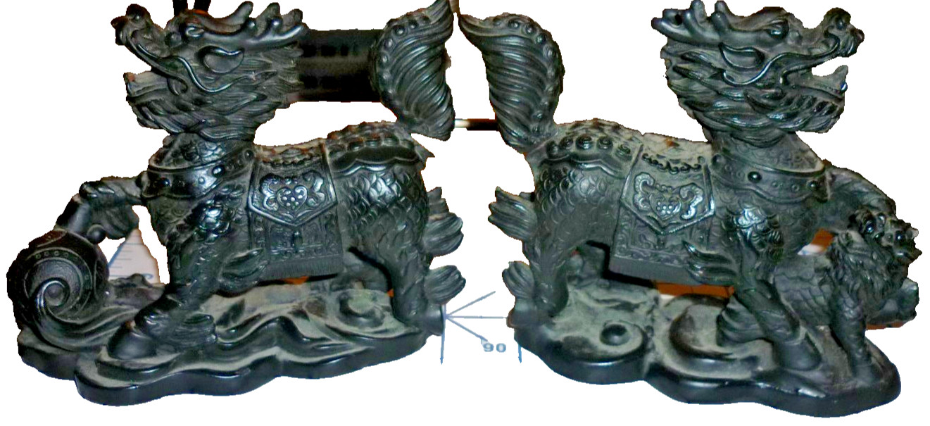 Pair Vintage Chinese Molded Black Resin Qilin Kirin / Dragon Horse Statues