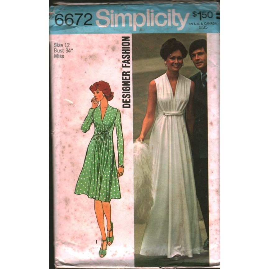 Vintage 1974 Simplicity 6672 Sewing Pattern Misses Dress V-Neck Maxi Size 12