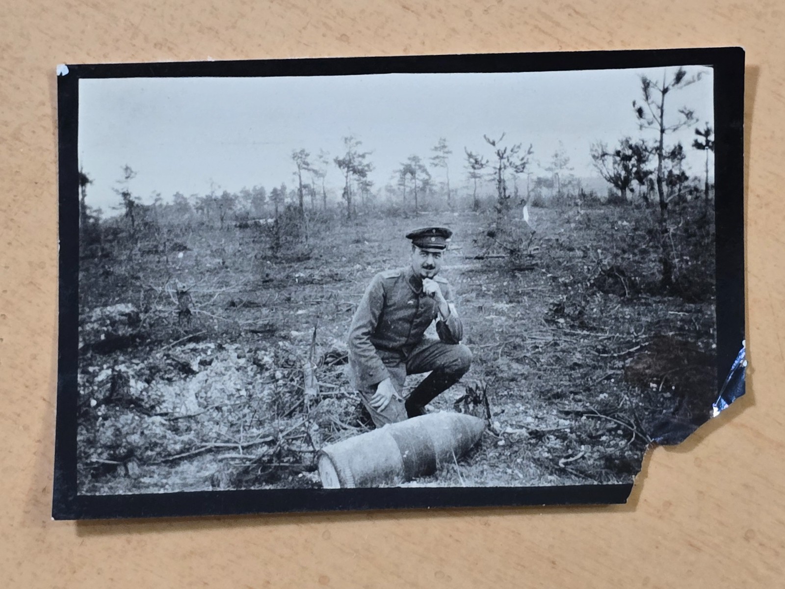 WW1 French Soldier Poses w a Bomb in the field Military Wartime Photo