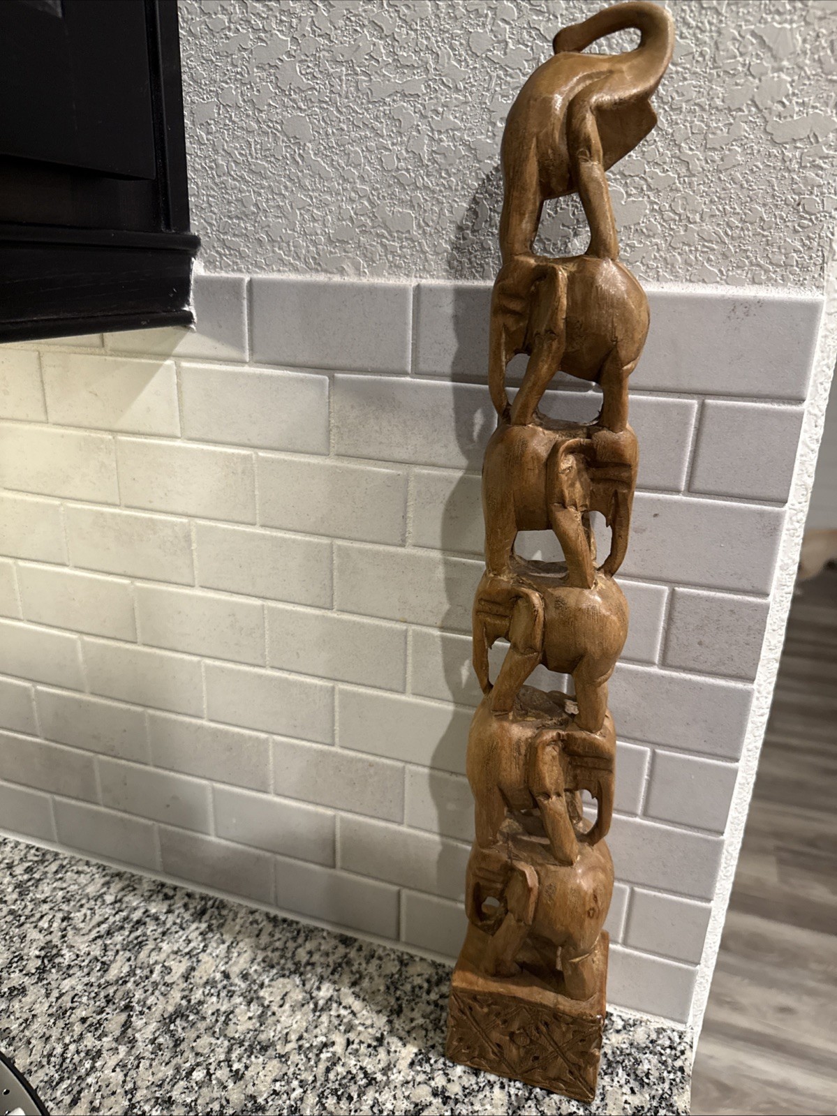 Vintage Wooden Hand Carved Elephant Totem Tower
