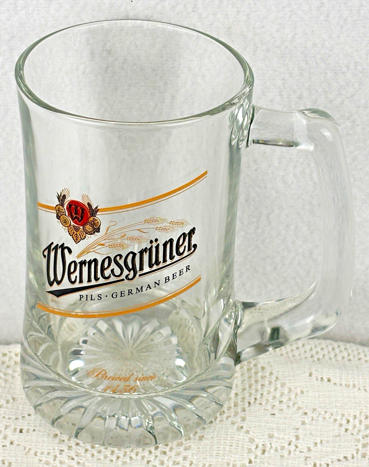 Wernesgrüner Pils German Clear Glass Beer Mug w/Handle Breweriana Germany 18 oz