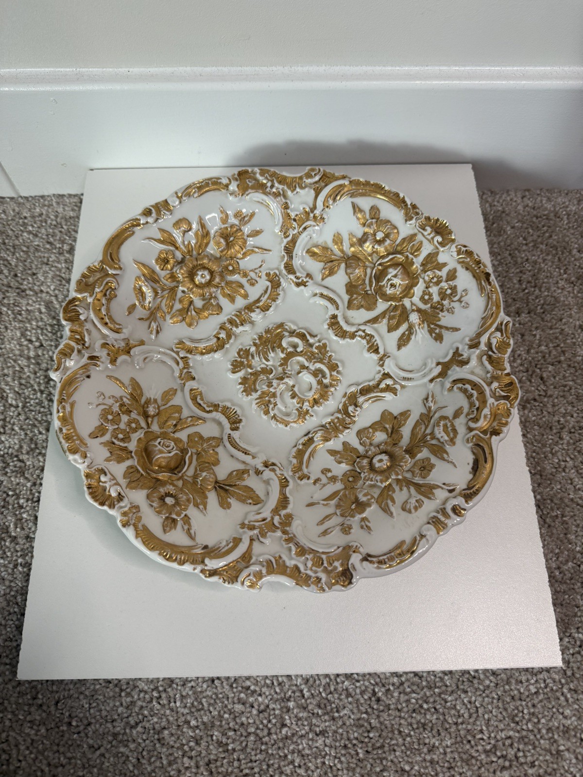 Antique 19thC Meissen Rococo Heavily Gilt Cabinet Plate Raised Flowers & Fruit A
