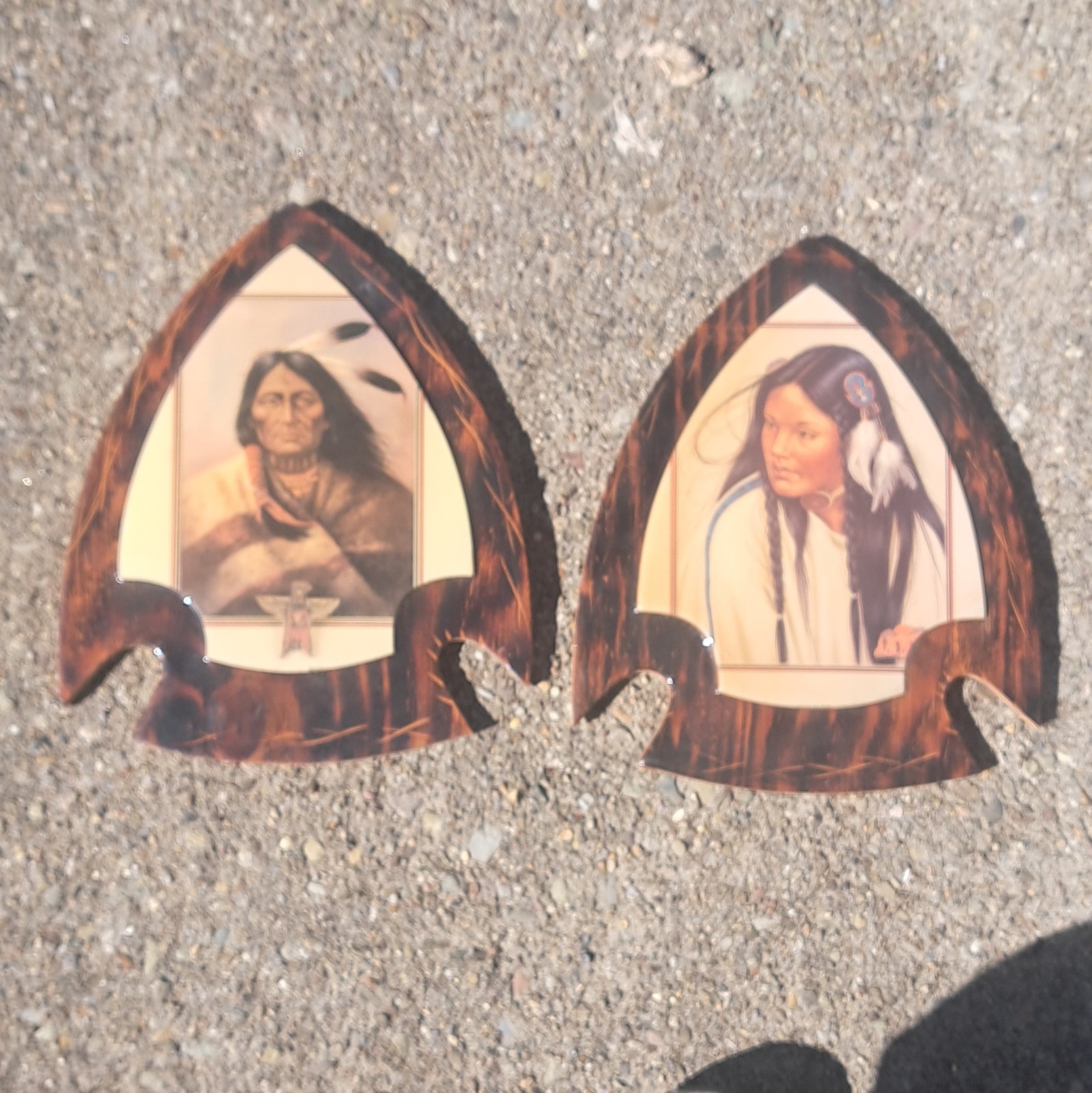 Vintage Native American Indian Paintings Wooden Arrowhead Wall Plaque SET OF 2