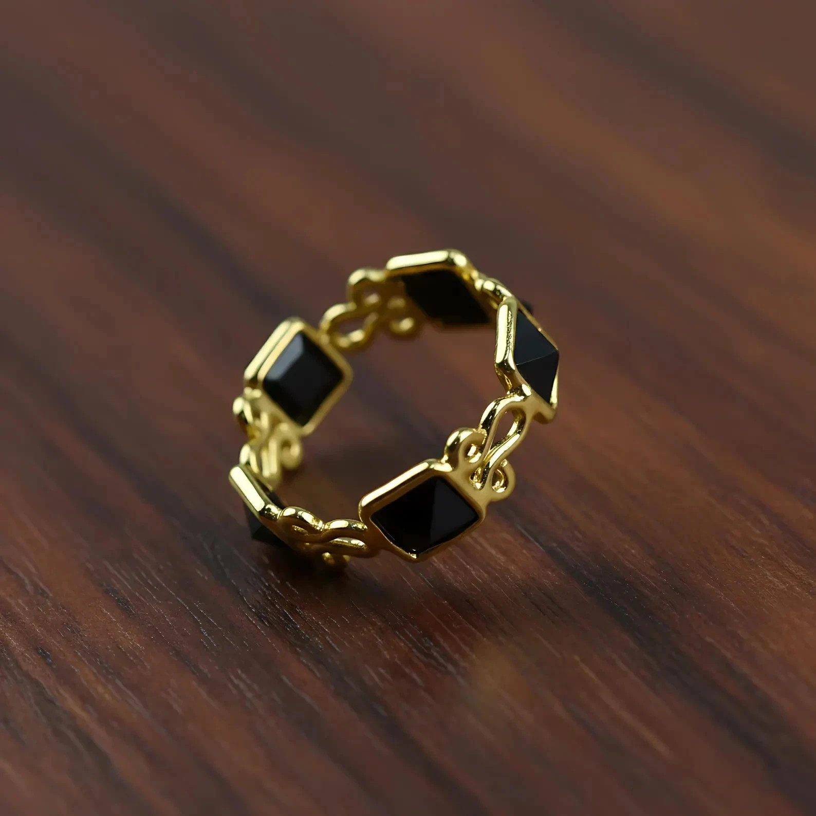 Black Onyx Expansive Eternity Infinity Wedding Band Ring 14K Yellow Gold Plated