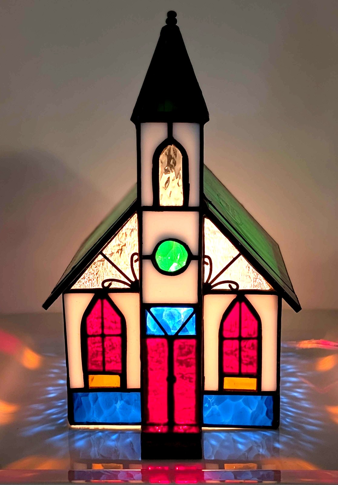 Vintage Stained Glass Town Church Lighted Decoration Holiday Creations 1995