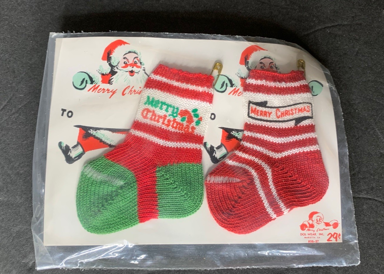 NOS Vtg Knit Pair Mini Dol-Wear Christmas Stocking Ornament/money Holder #36-37