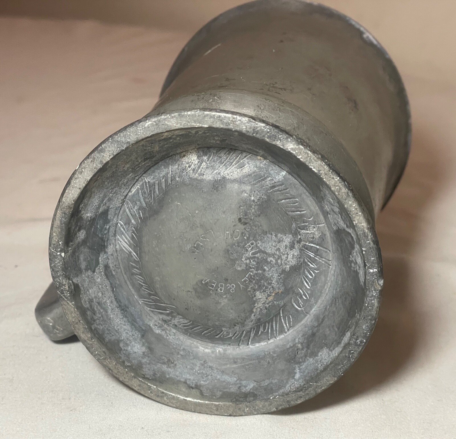 antique BUCKLEY & BEACH English 1890\'s handmade pewter beer mug stein Weaver arm