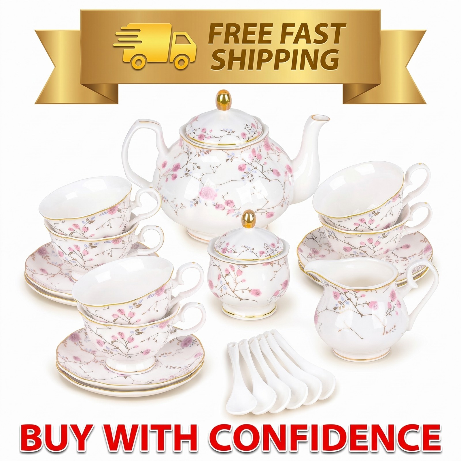 Fanquare 21-Piece Bone China Tea Set Gold Vine Floral Service for 6 Gift Box Fanquare 21-Piece Bone China Tea Set Gold Vine Floral Service for 6 Gift Box