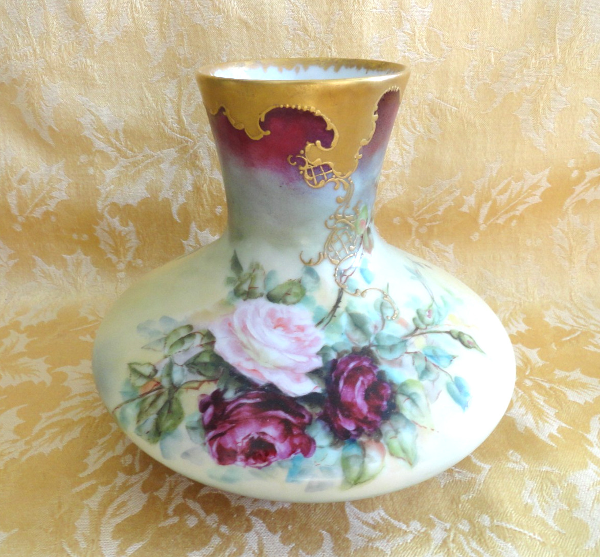 Antique T & V France Vase Red/Pink Roses With Gold Gilt Ca. 1892-1907