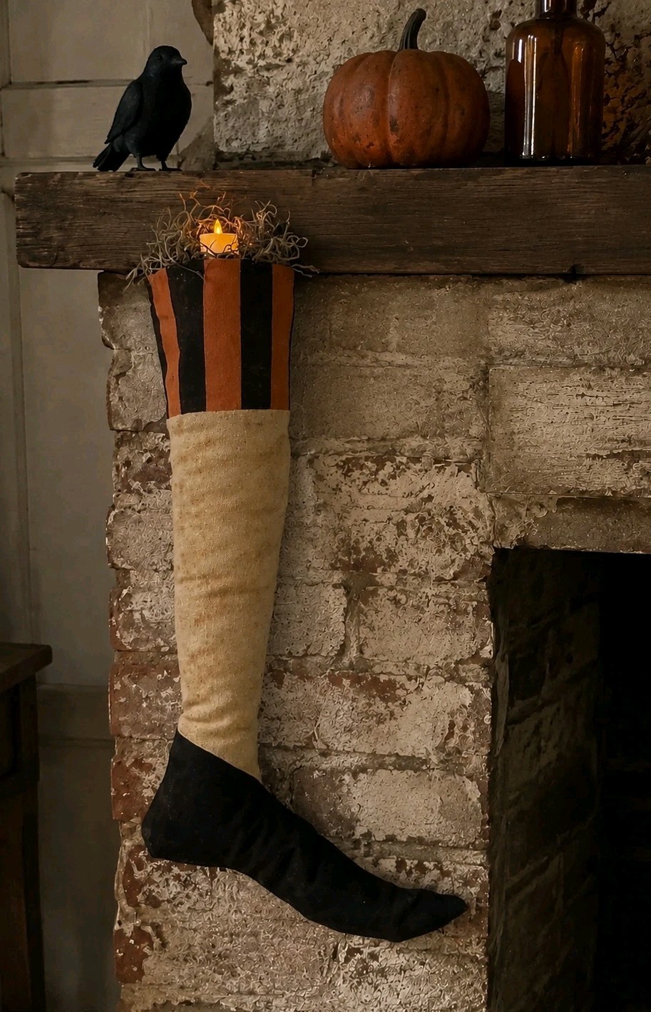 Handmade Grungy Primitive Witch Boot Stocking Halloween Folk Art 17