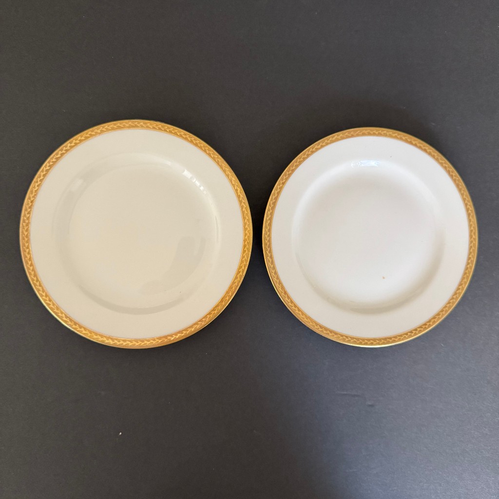 Vignaud Limoges France Set of 2 Bread & Butter Plates Gold Laurel Encrusted Rim