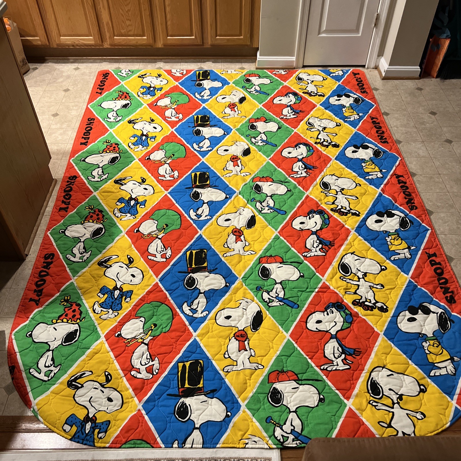 Vintage 1970’s Peanuts Snoopy Argyle Bedspread 75x104 Joe Cool WW 1 Flying Ace