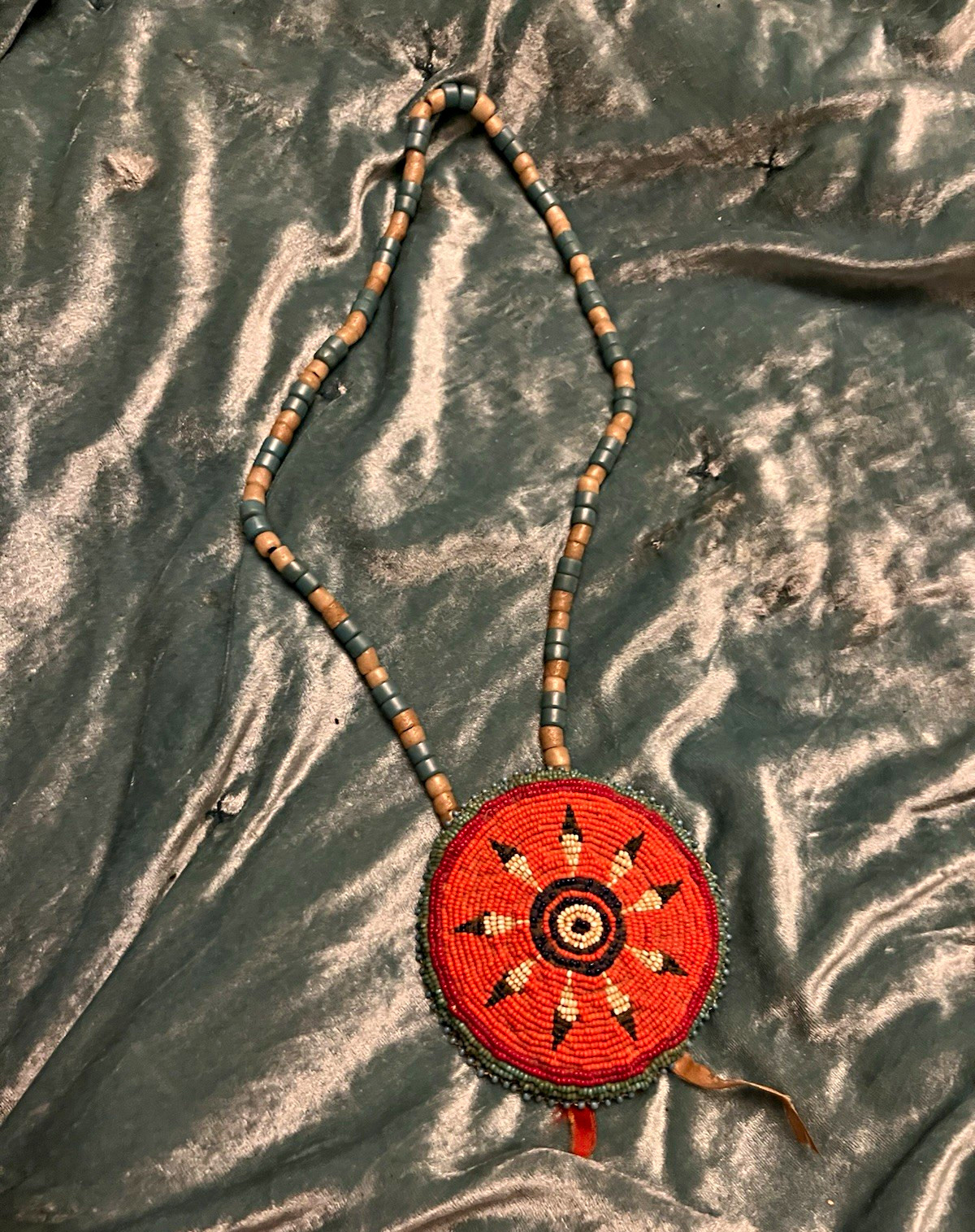 Vintage Hand Beaded Medallion Necklace Hide Backing Large Glass Trade Beads