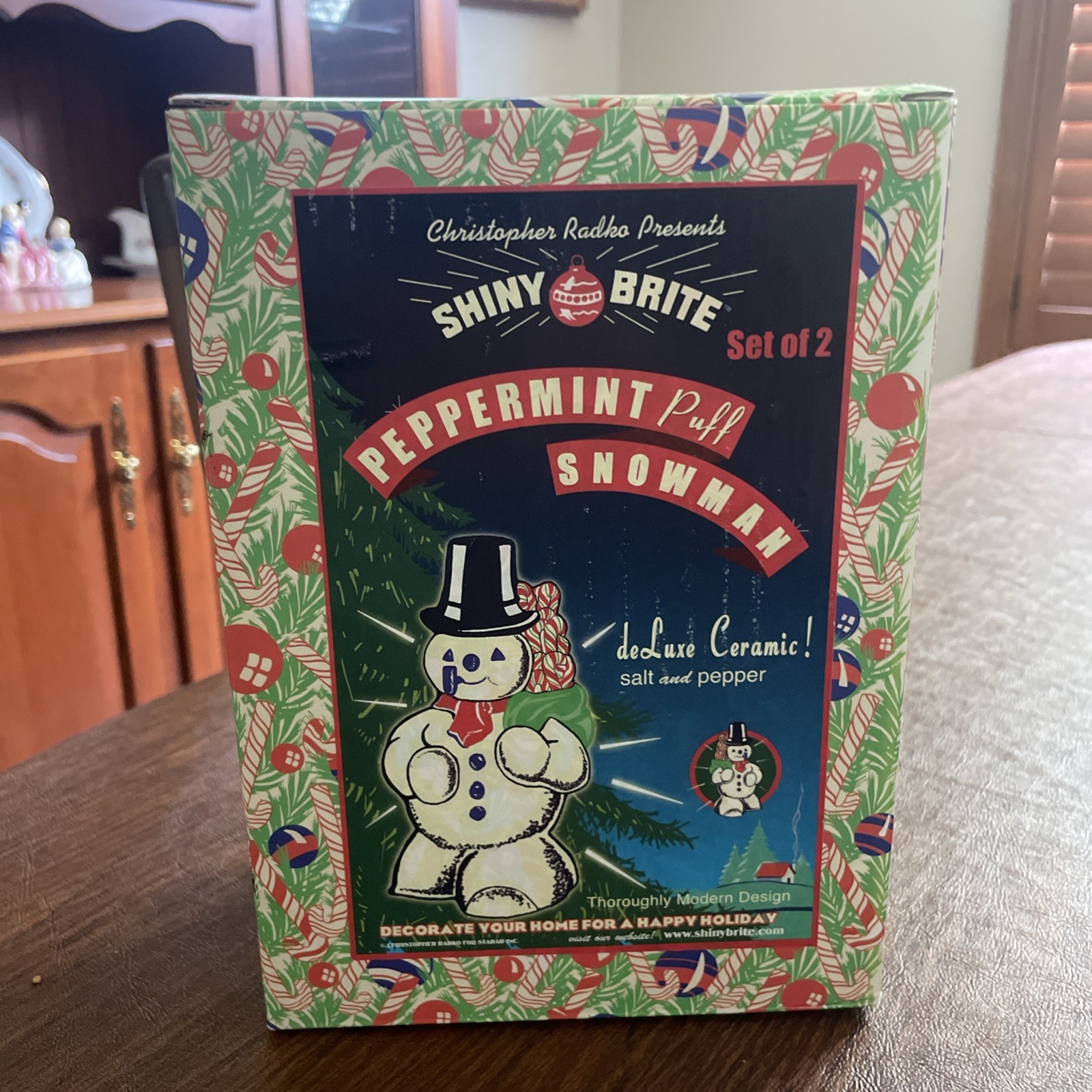 NIB Christopher Radko Shiny Brite Sealed Peppermint Puff Snowman Salt+Pepper 