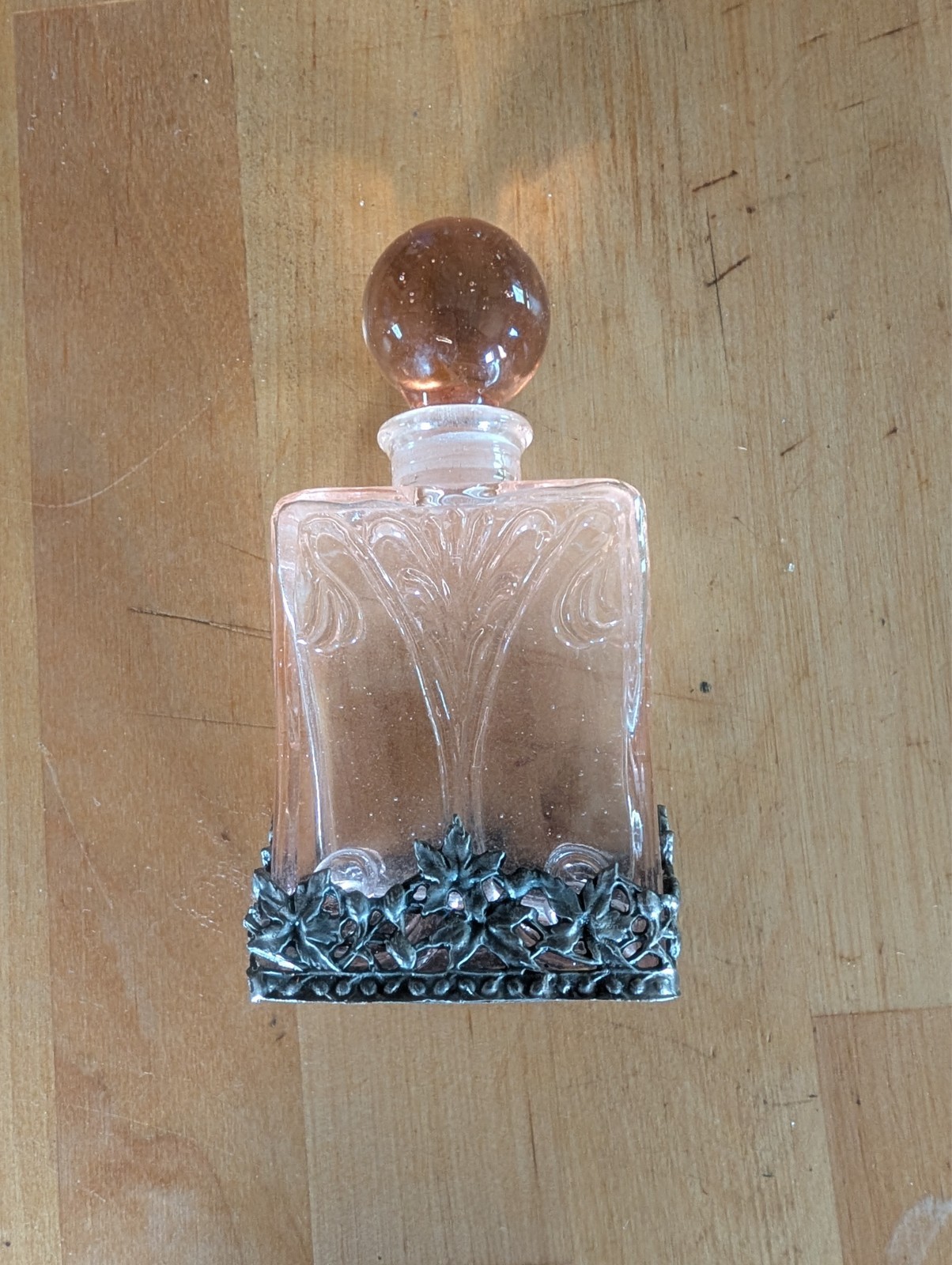 Antique 1920’s Art Nouveau Perfume Bottle Pink Glass Silver Filigree Overlay 
