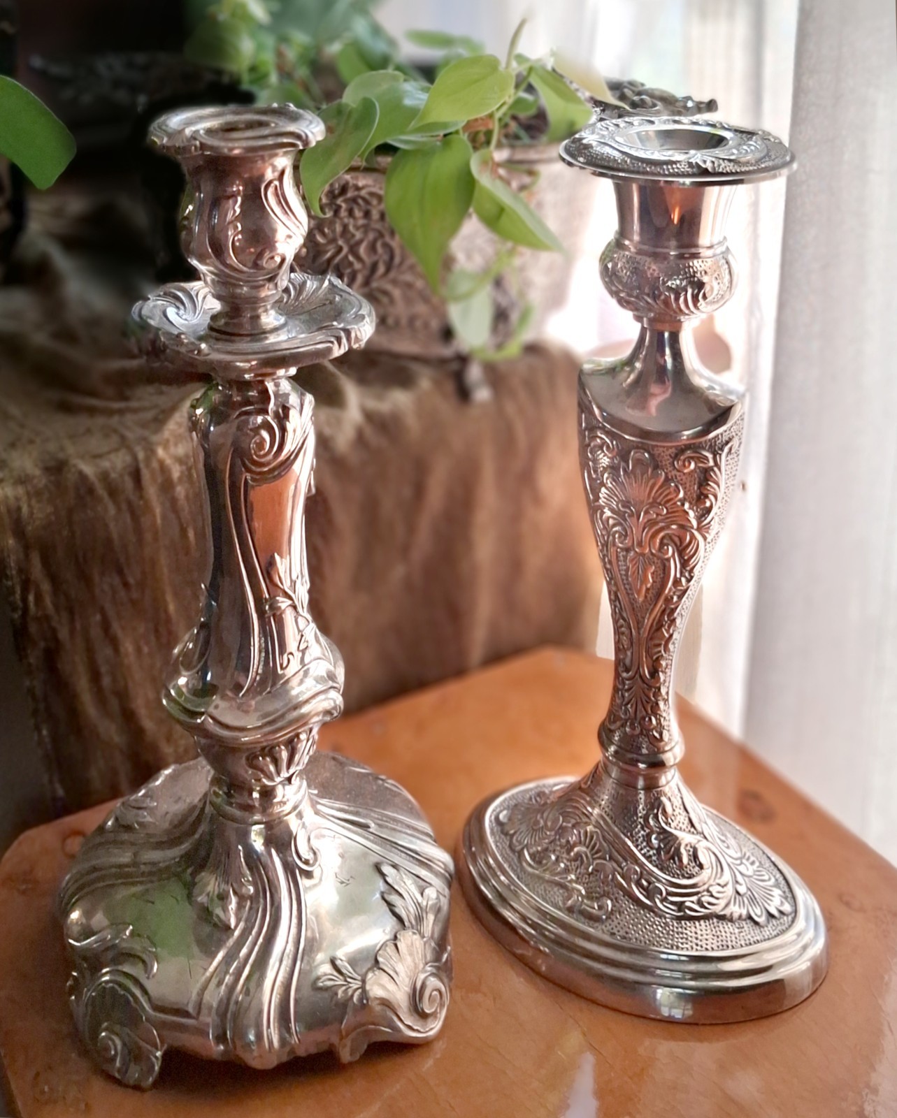 Pair Ornate American Art Nouveau Heavy Silver Candlesticks Mismatched Weidlich