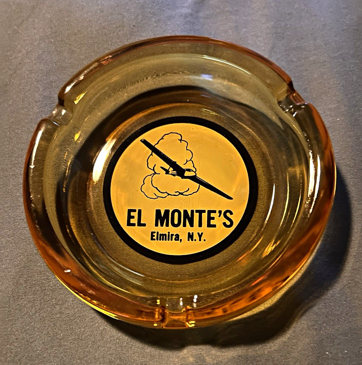 Vtg El Monte's Amber Glass Ashtray Elmira NY Soaring Glider Plane Advertising