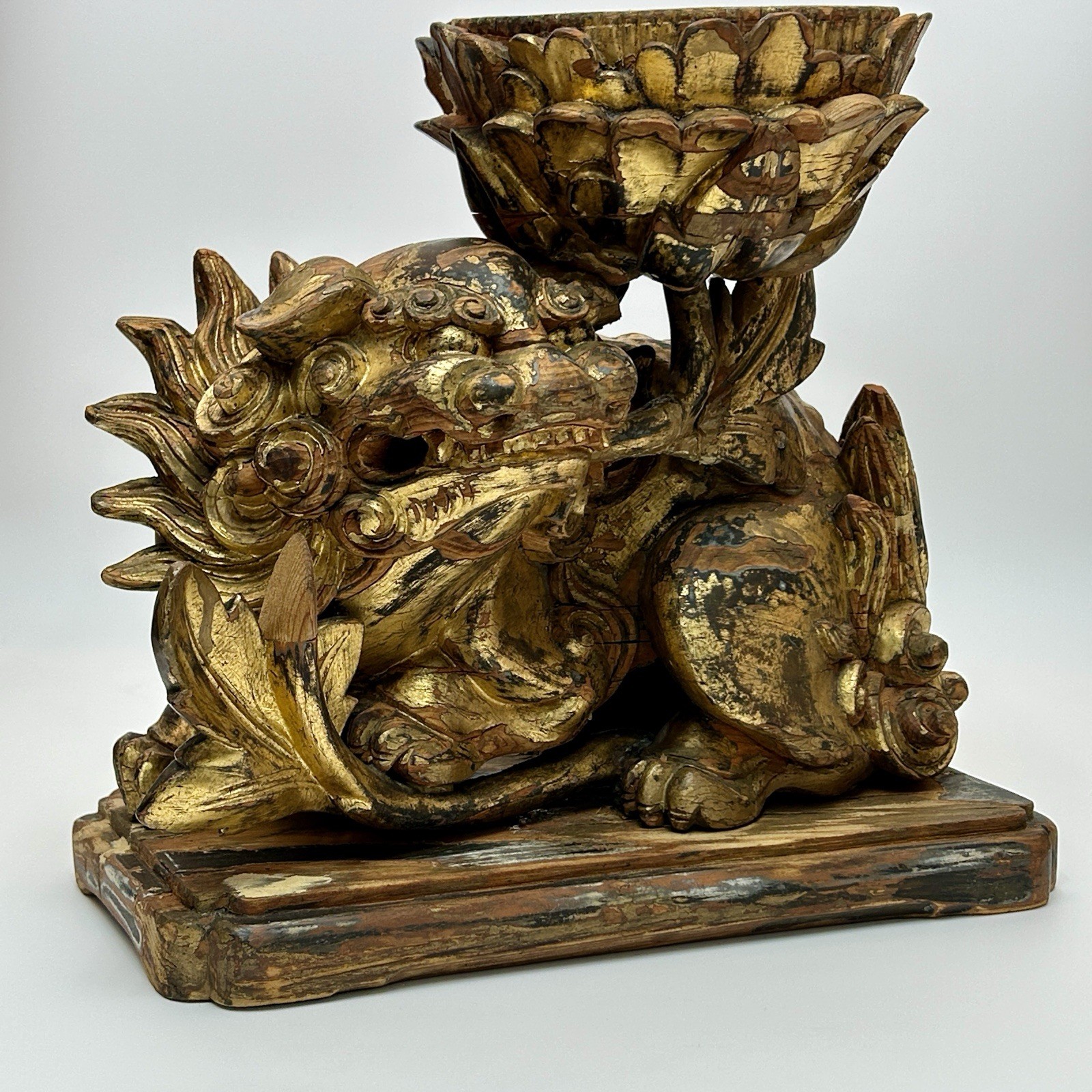 Antique Chinese Foo Dog Lotus Offering Bowl Gilt Carved Wood Shishi Temple Lion