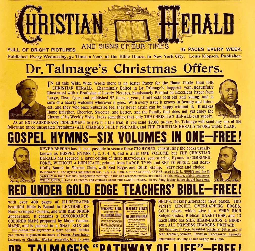 Christian Herald Dr Talmage 1894 Bible Advertisement Victorian XL DWII11