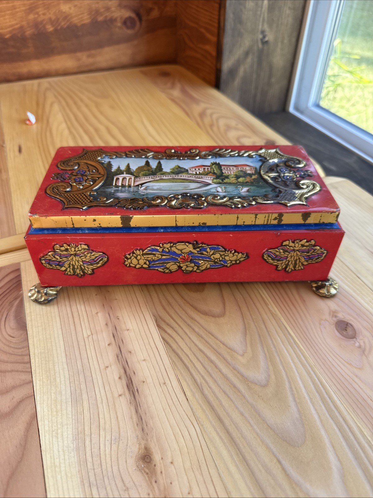 Vintage Fricke Nacke Footed Tin Box West Germany Orange Floral Scenery