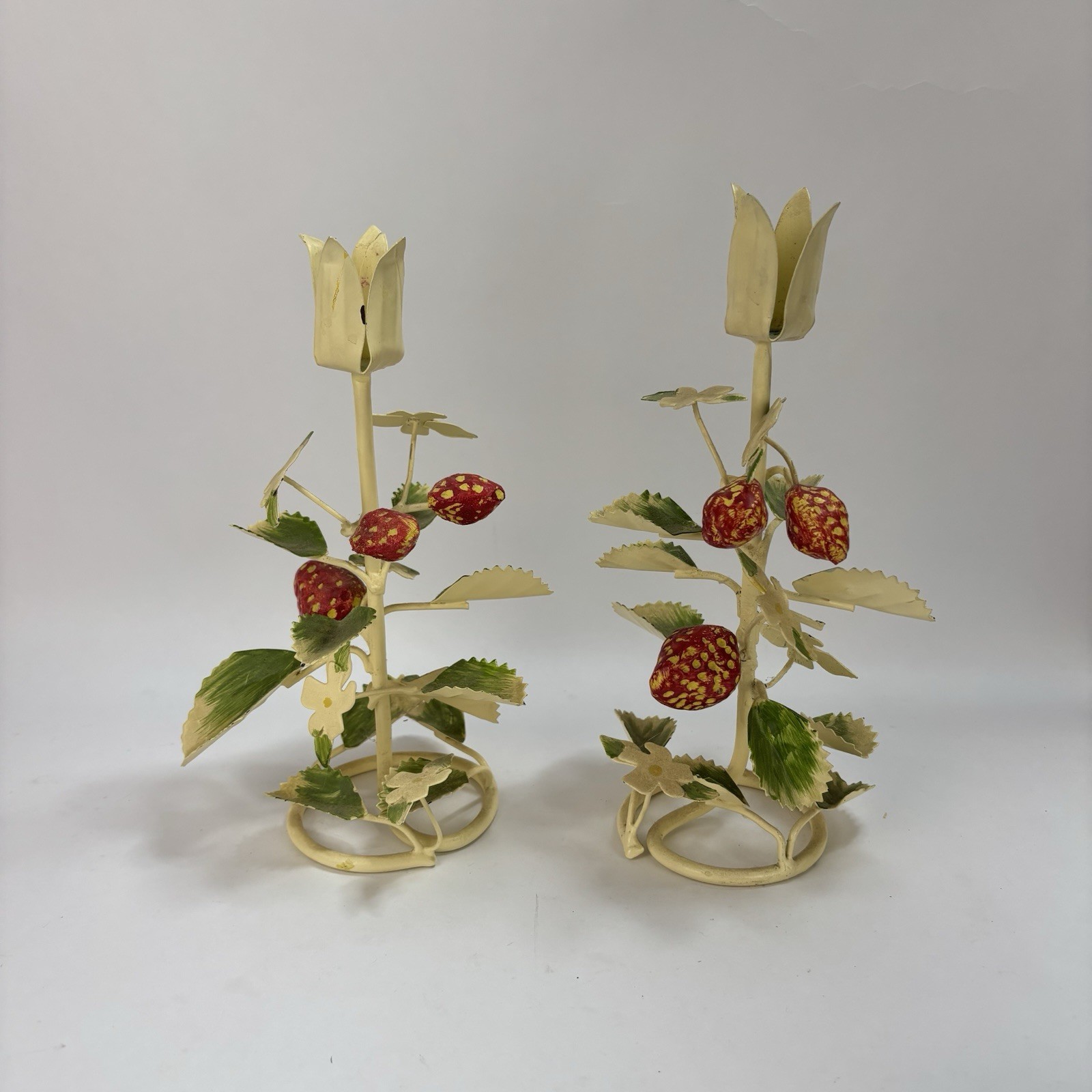(2) Vintage Italian Tole Strawberry Metal Candle Holder Cream Red