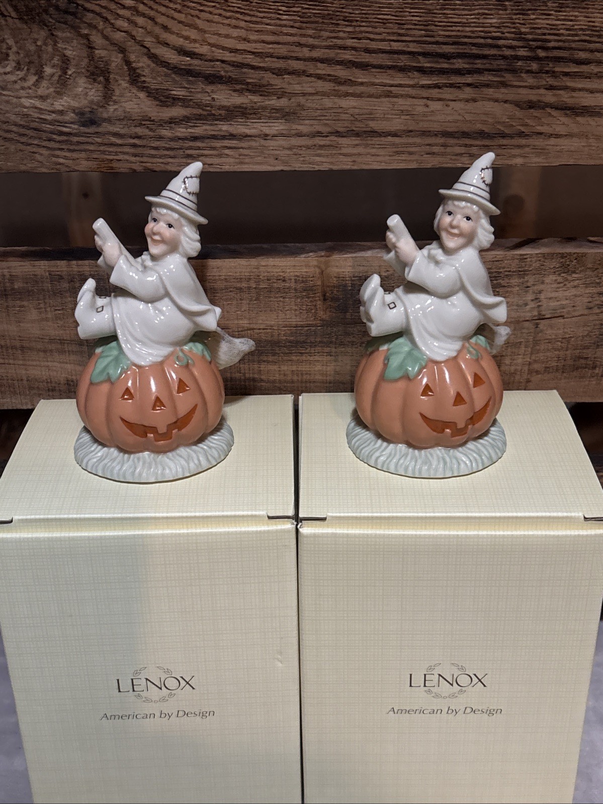 Lenox Witch\'s Jolly Pumpkin  Set/2 Halloween Figure Mint In Box