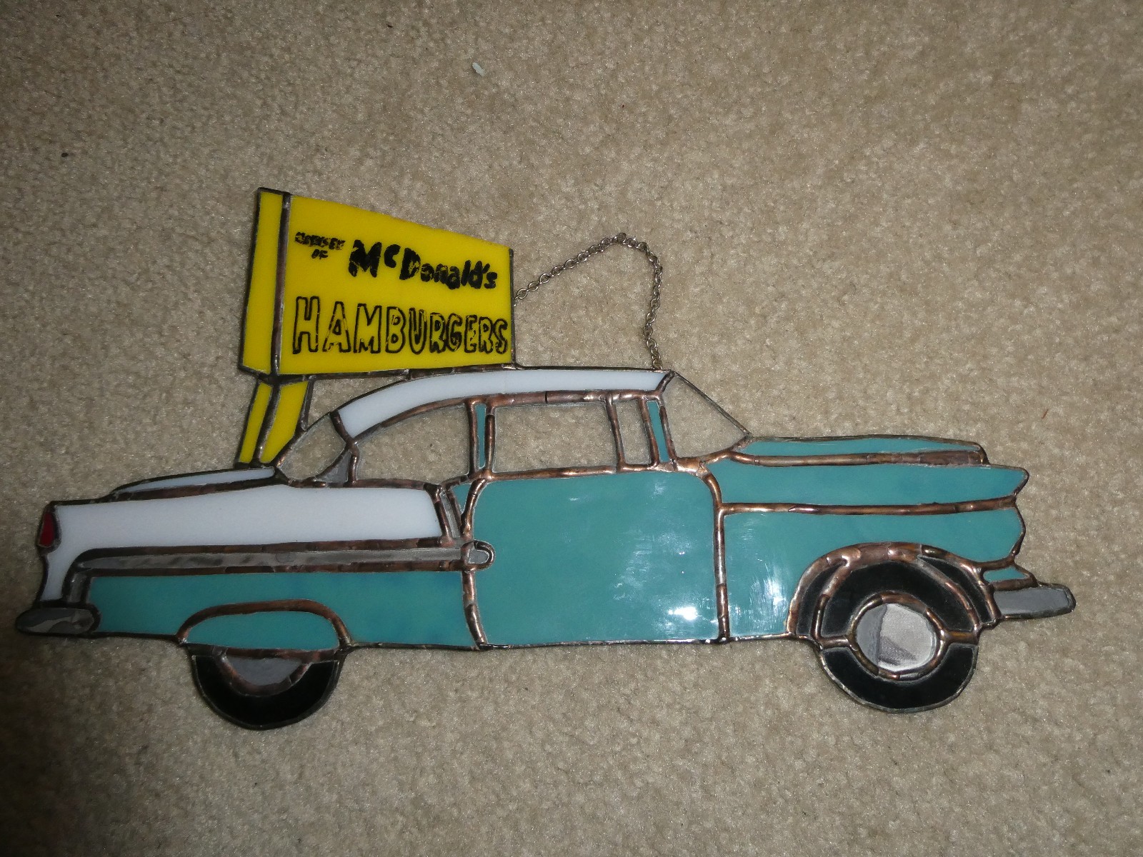Unique Vintage Stained Glass McDonald\'s Sign with Chevy Car 12.5\