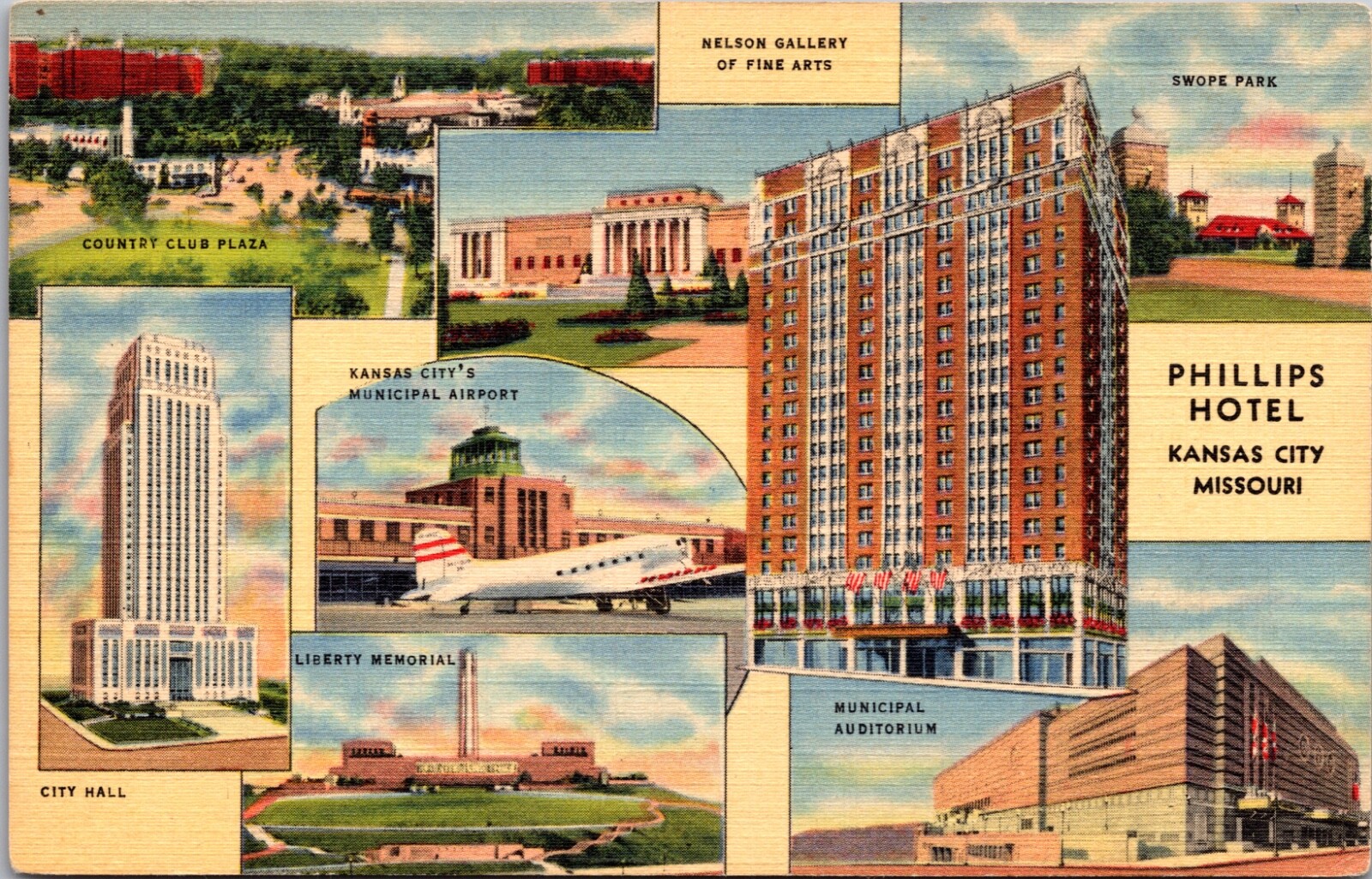 Linen Postcard Hotel Phillips at Twelfth and Baltimore in Kansas City, Missouri