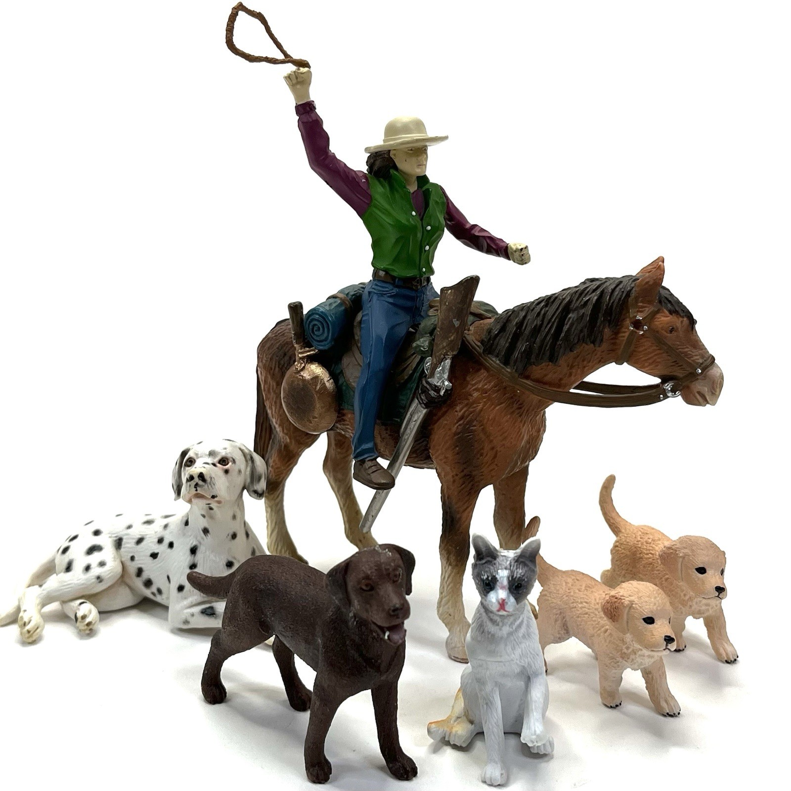 Schleich Saddled Brown Horse w/ Molded Camping Gear Wild West Dogs Cat Lot 6