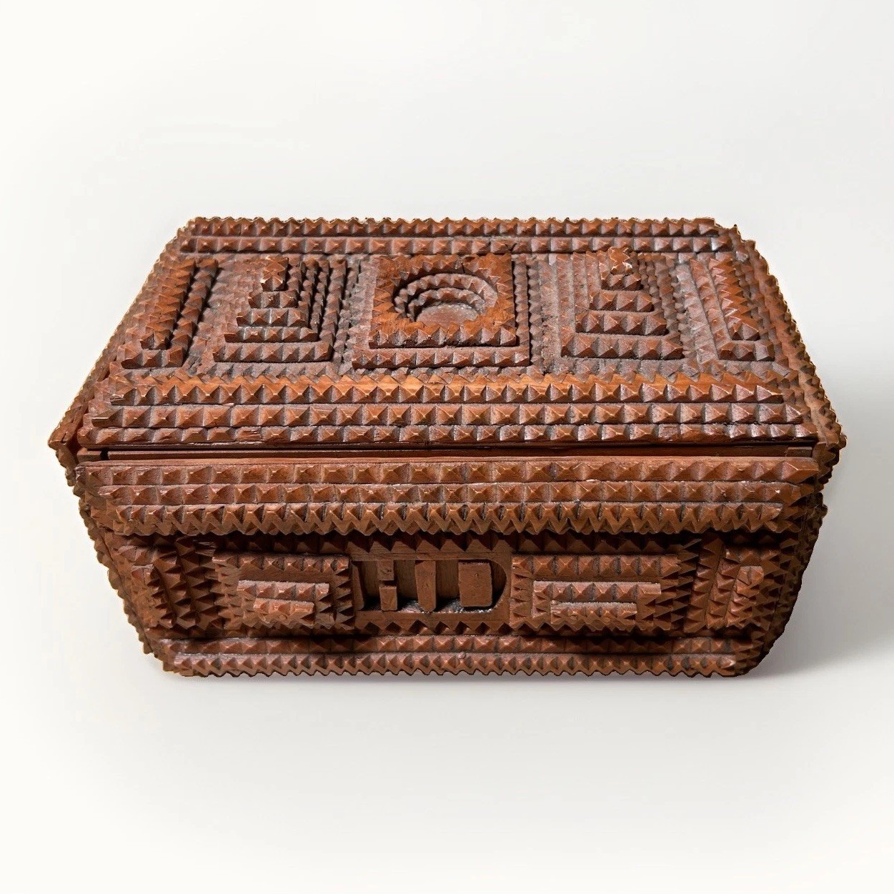 Vintage Tramp Art Carved Wooden Cigar Box Heavy ~4 lbs Handmade Folk Art 9x6x4
