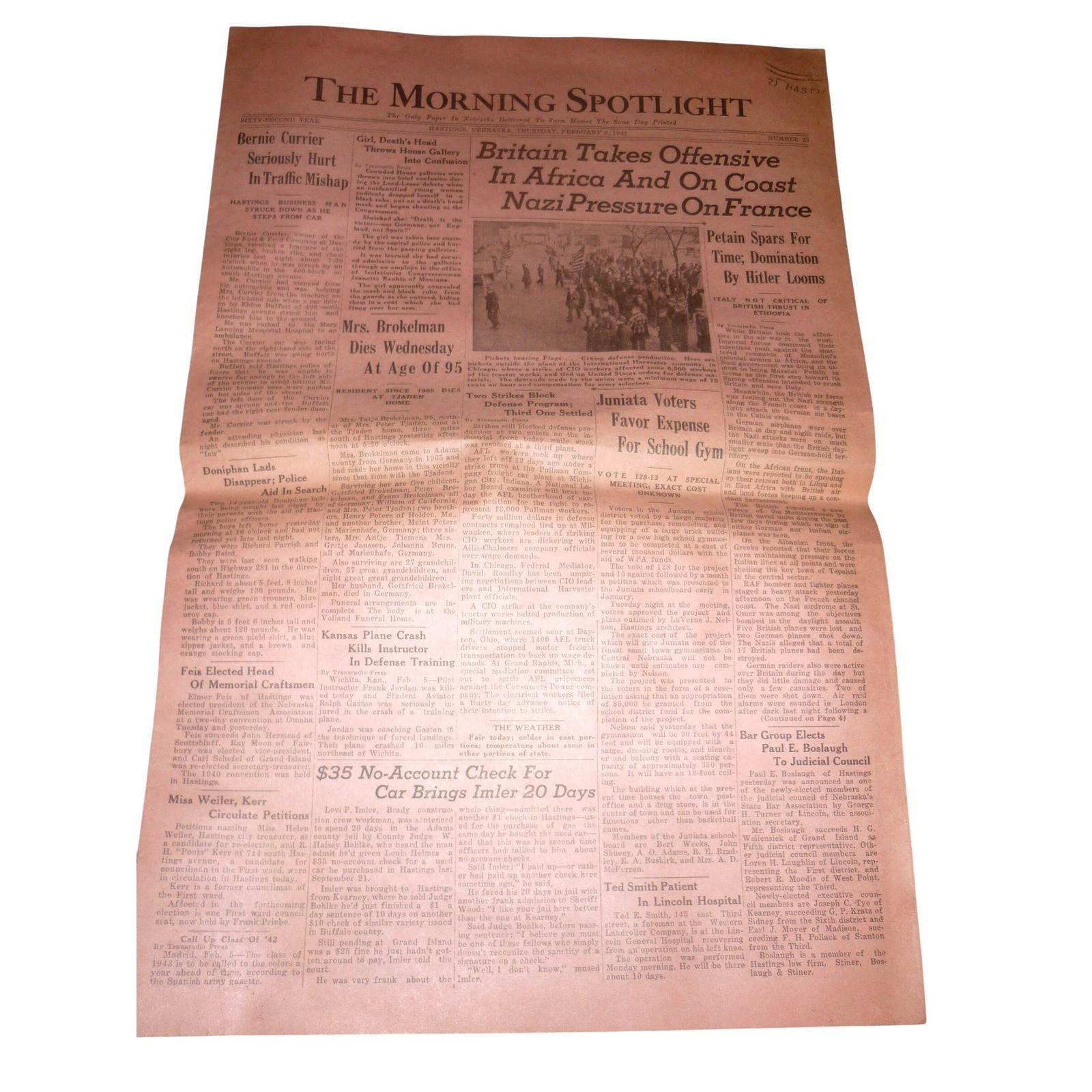 Vintage 1941 The Morning Spotlight Newspaper Hastings Nebraska WWII Era Feb 6