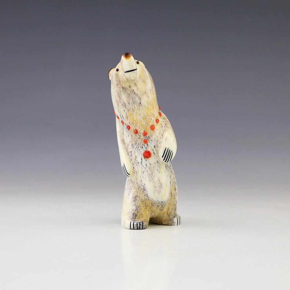 NATIVE AMERICAN ZUNI ANTLER & CORAL BEAR FETISH BY GABE SICE