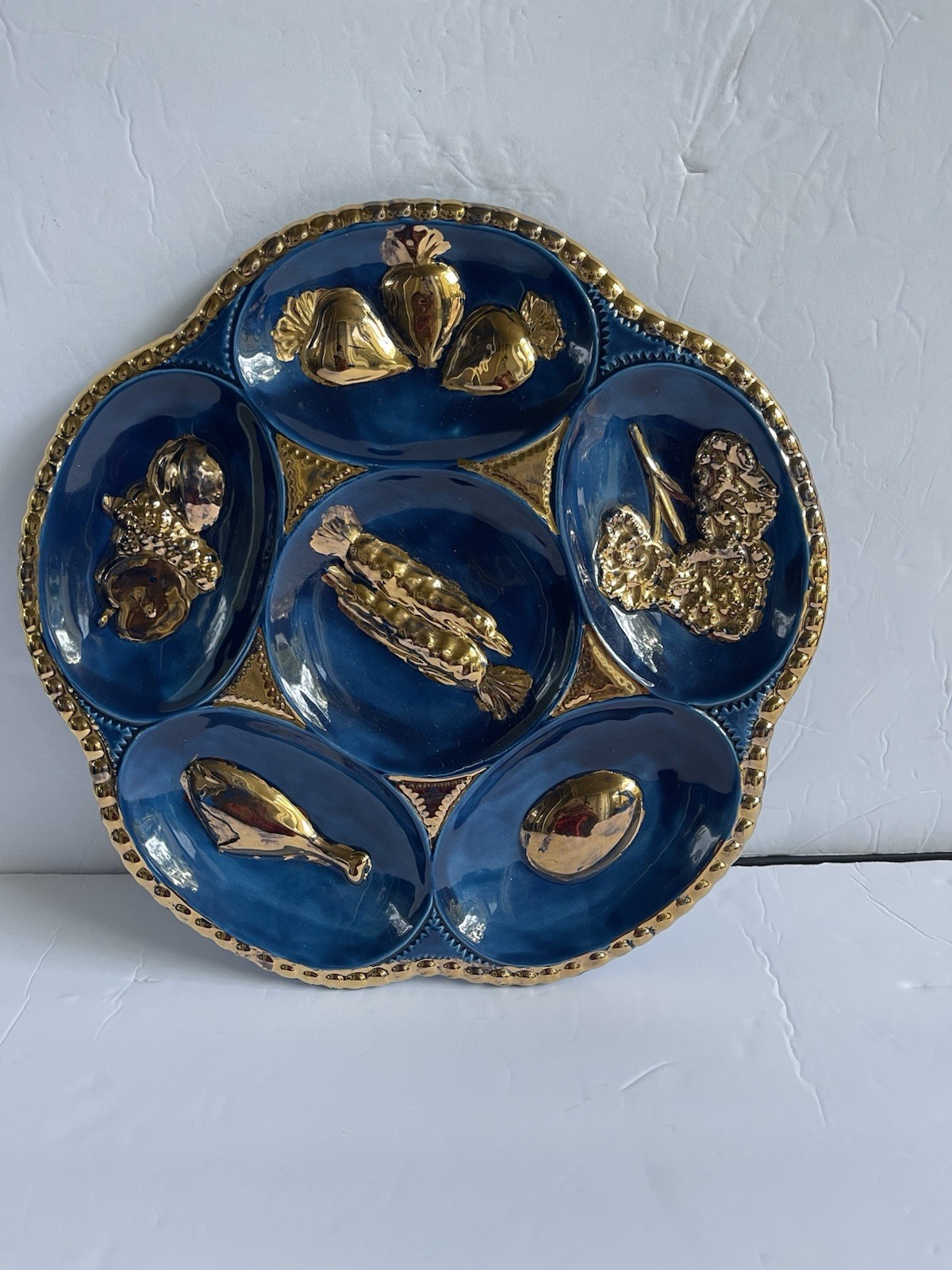 Vintage Atlantic Mold Judaica Passover Seder Plate Cobalt Blue Gold Relief