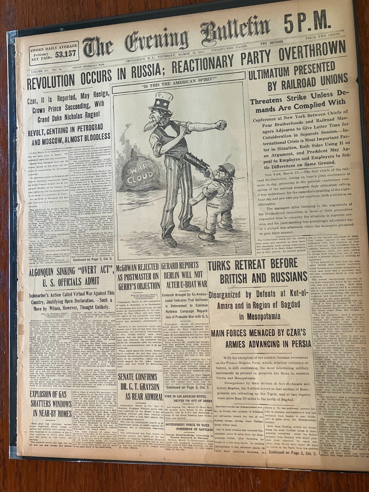 March 15, 1917 The Evening Bulletin Newspaper Russian Revolution Headlines 