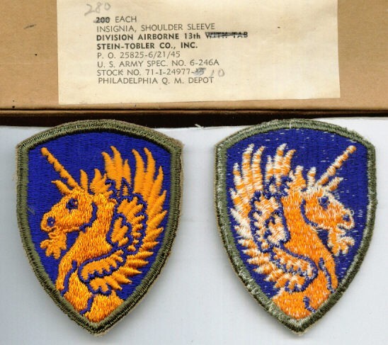 13th AIRBORNE CORPS DIVISION PATCH WW2 ERA FROM BOX DATED 1945