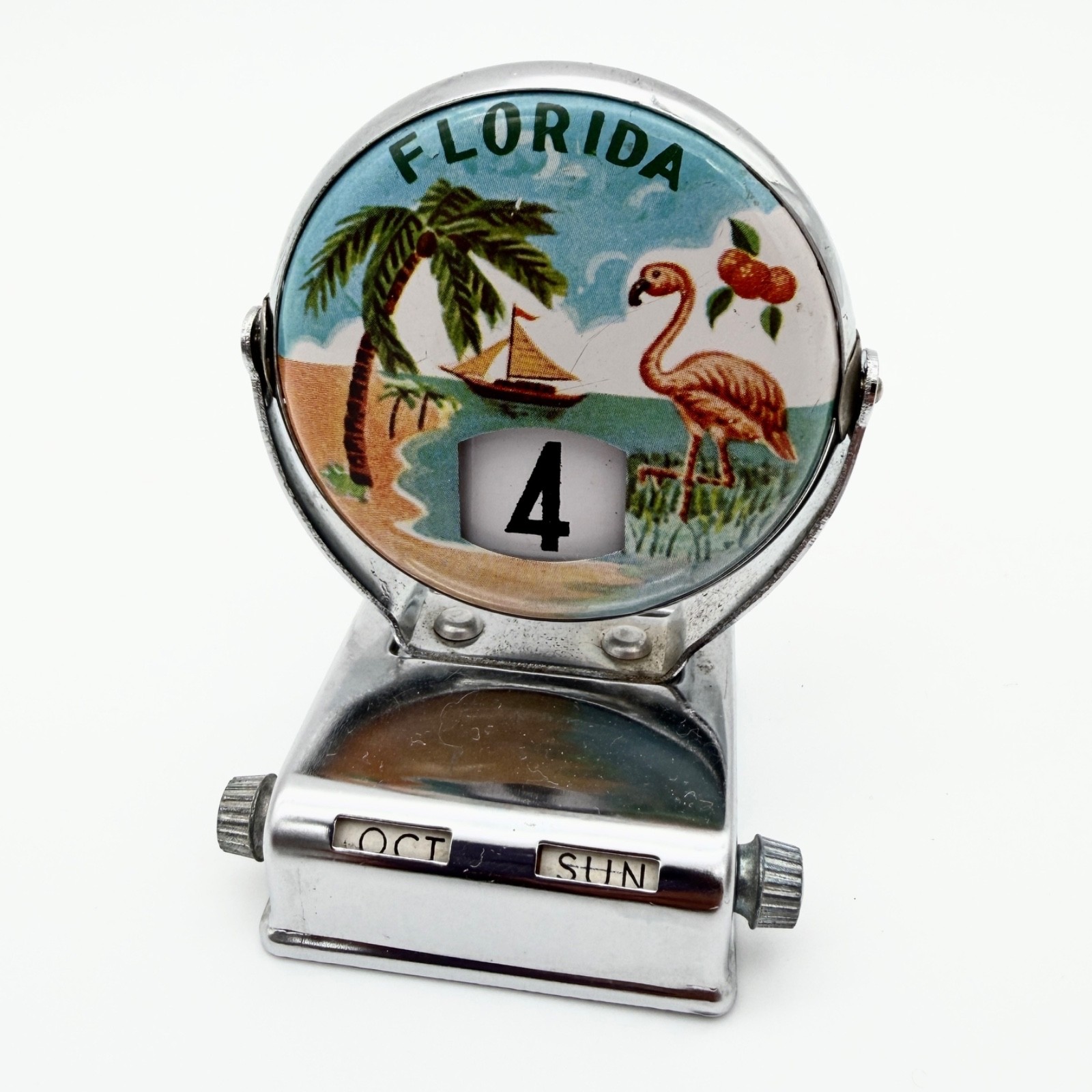 Perpetual Calendar Vintage MCM Florida Flamingo Souvenir Chrome Flip Japan