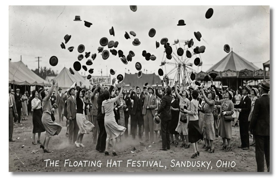 Vintage‑STYLE NEW ART 1930's RPPC-FLOATING HAT FESTIVAL-SANDUSKY OHIO-FAUX