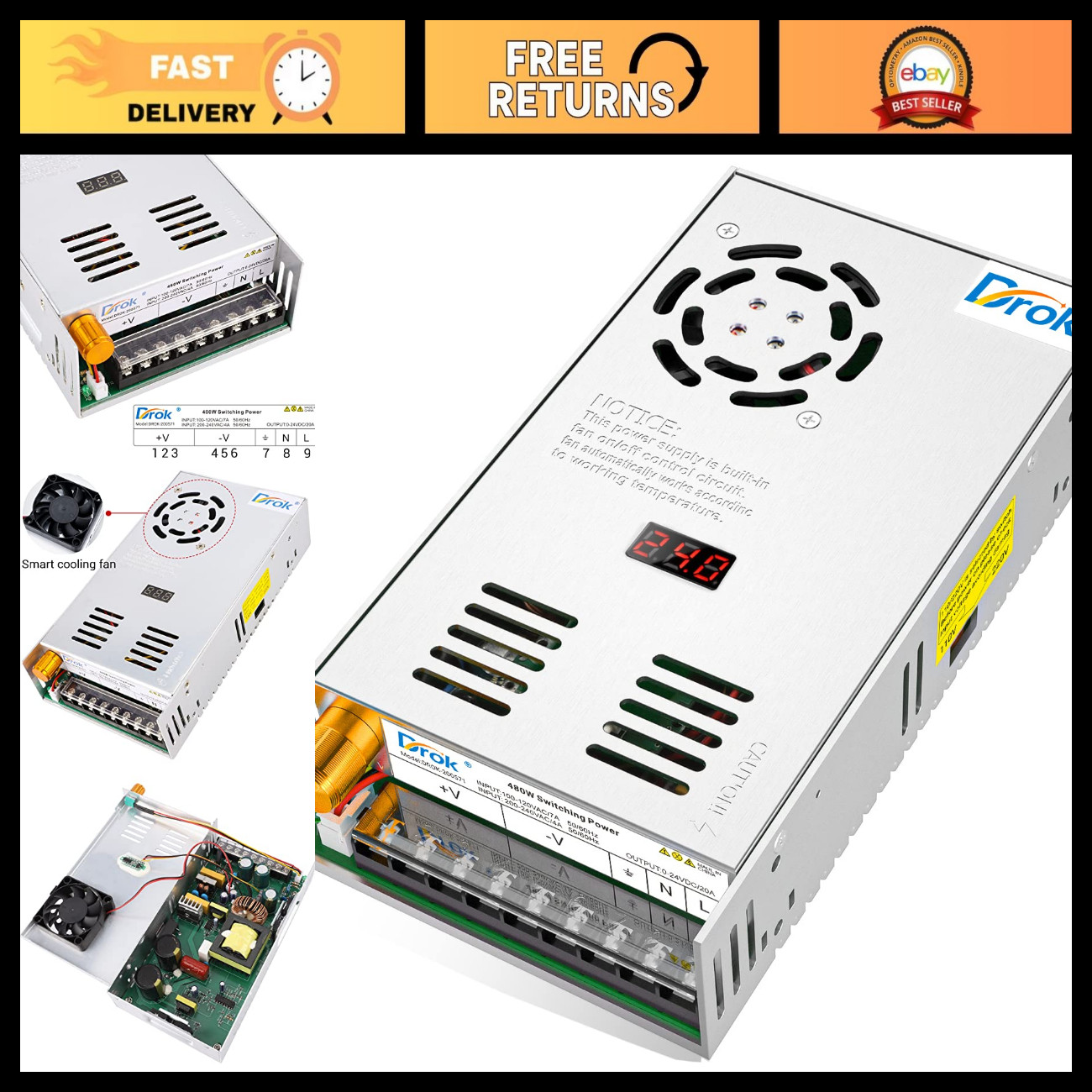 DROK 24V Power Supply, AC 110V/220V to DC 0-24V 20A 480W Buck Converter, Variabl
