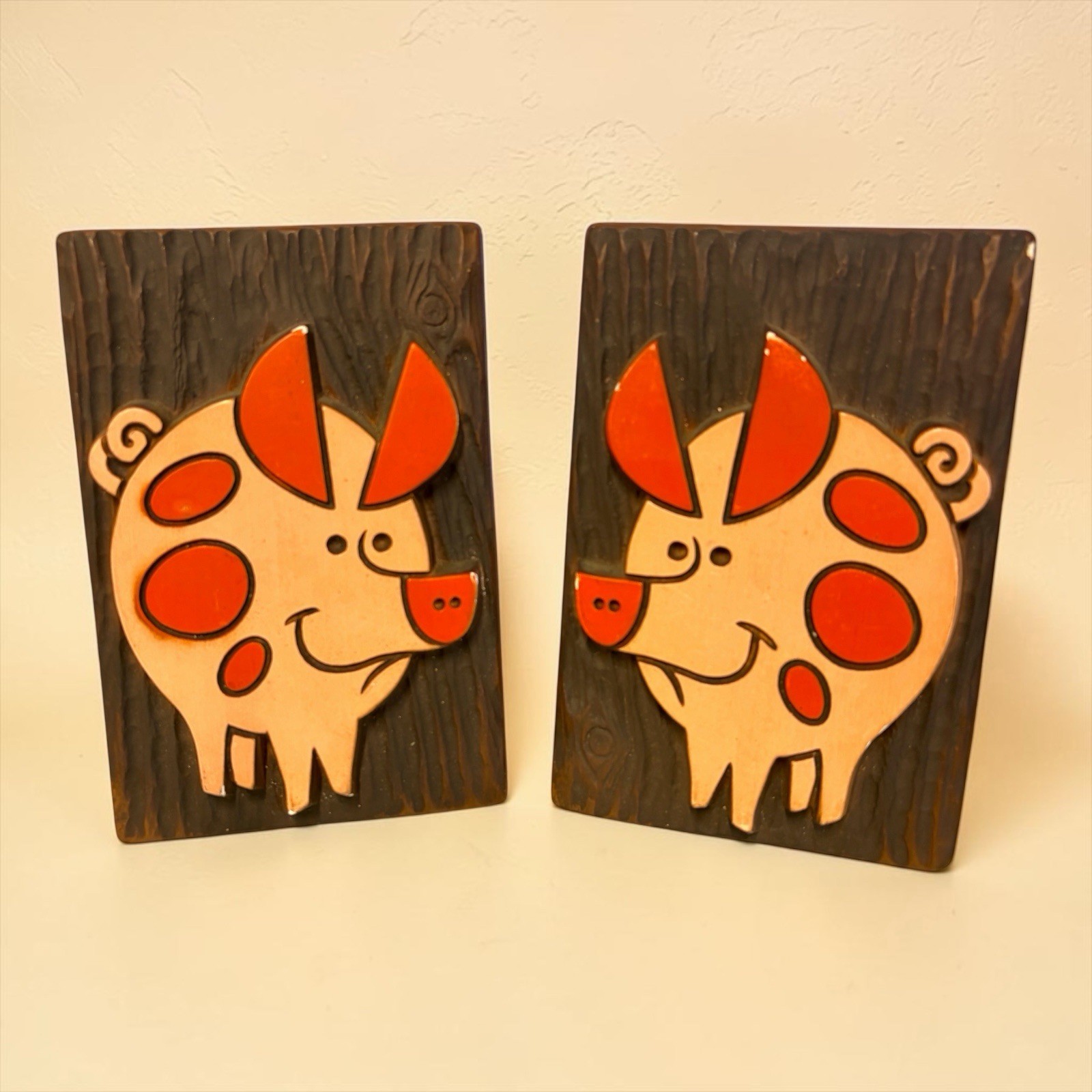 Vintage 1972 Miller Studio Chalkware Pig Wall Plaques MCM Pigs Lot of 2