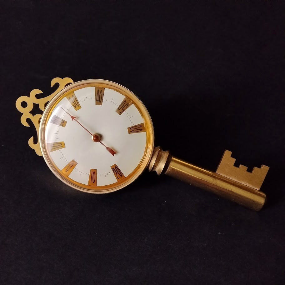Vintage Genuine Brass Free Stand Table Thermometer Golden Key