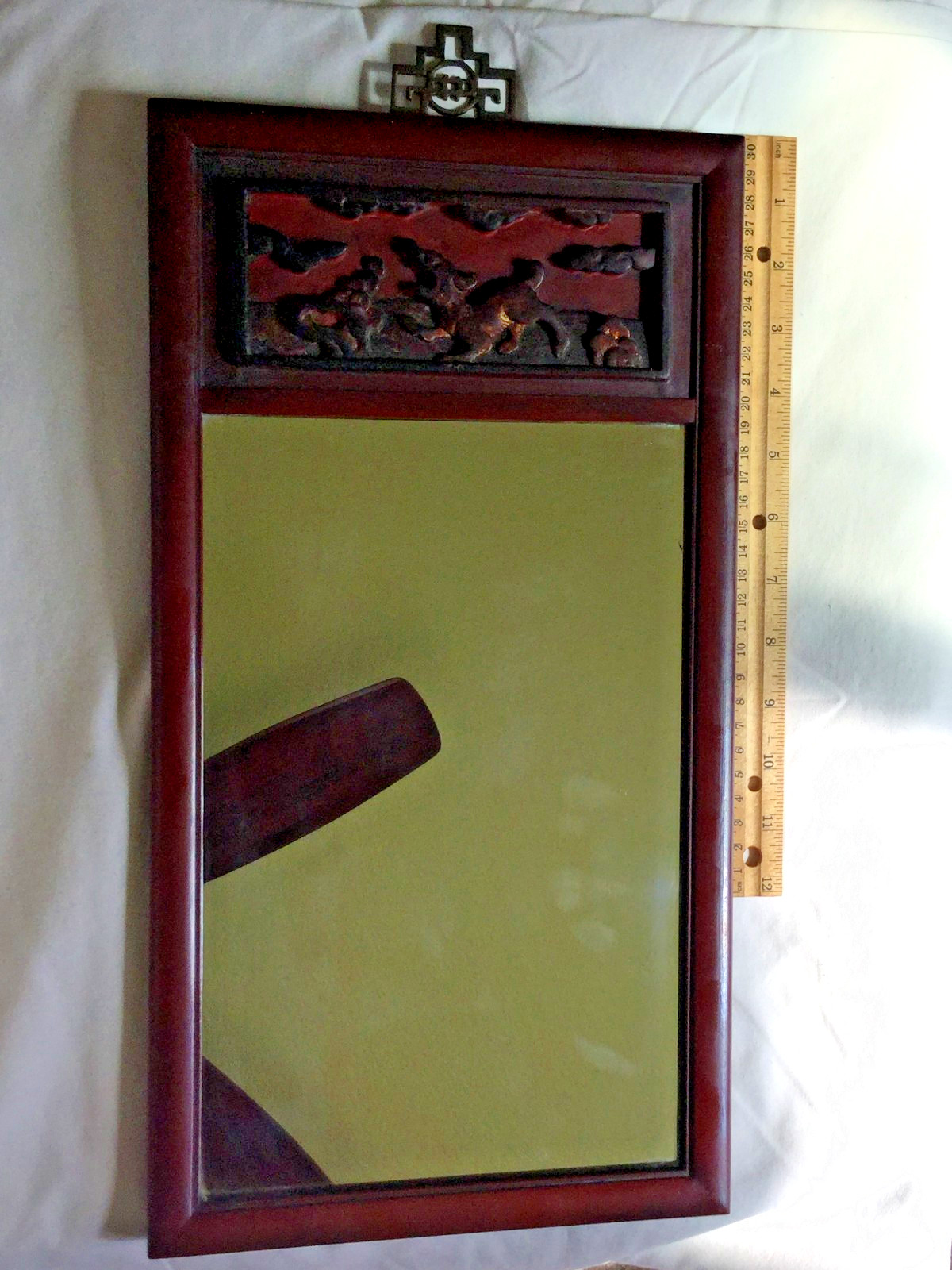 Vintage Chinese Carved Wood Wall Mirror Asian Rosewood Shou Brass Hanger 17