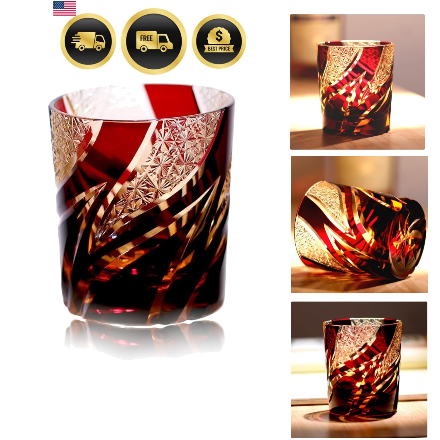 Hand-Cut Japanese Edo Kiriko Whisky Glass - Artisanal Colored Crystal Craft C...