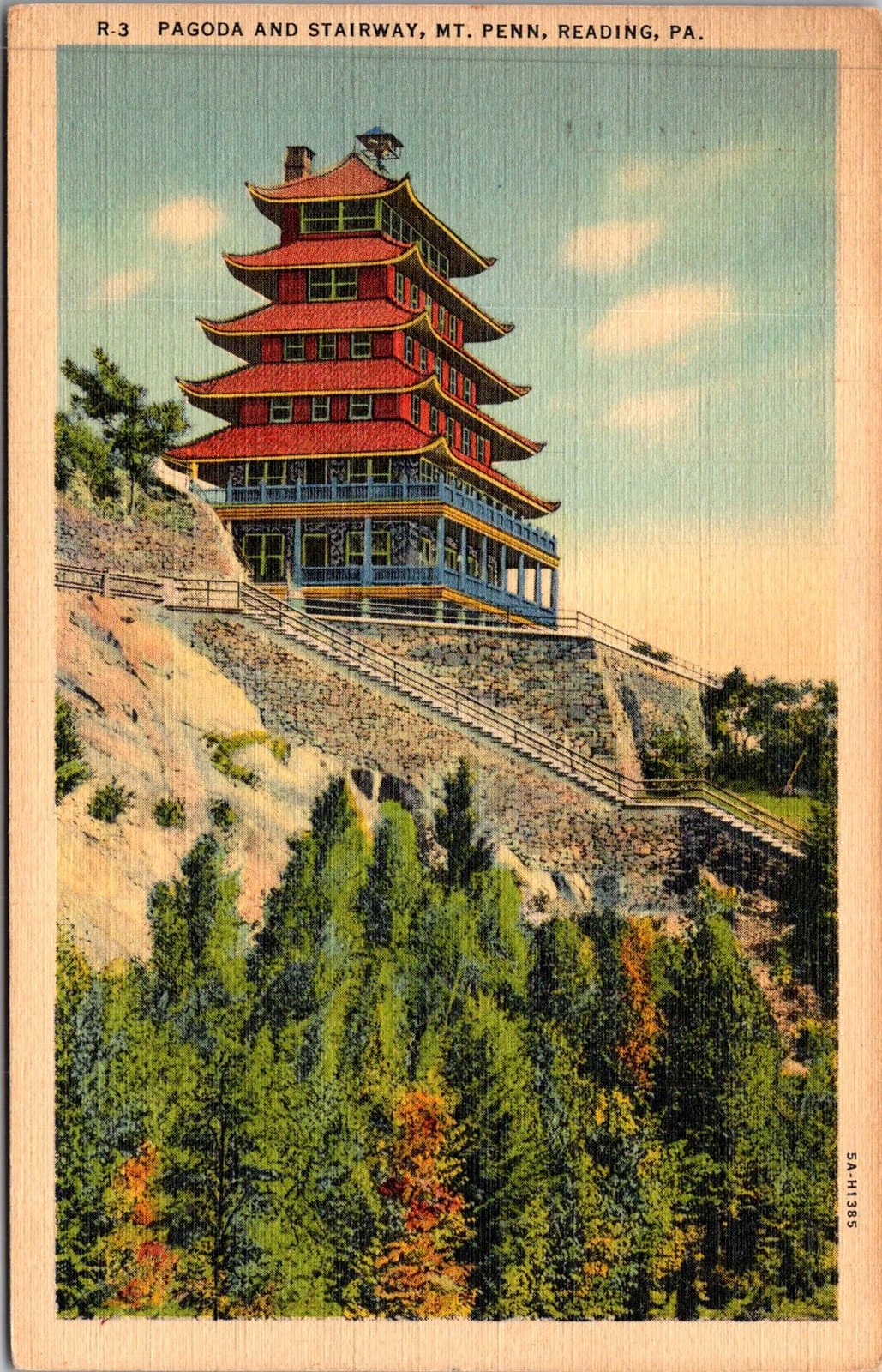 Pagoda and Stairway Mt Penn Reading PA 1941 Vintage Postcard 5P19-1